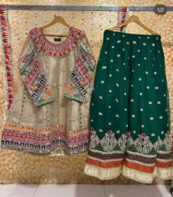 Skin and green embroidery dress with sequences and embroidery style