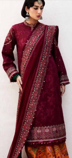 Mehroon embroidery dress with embroidery style